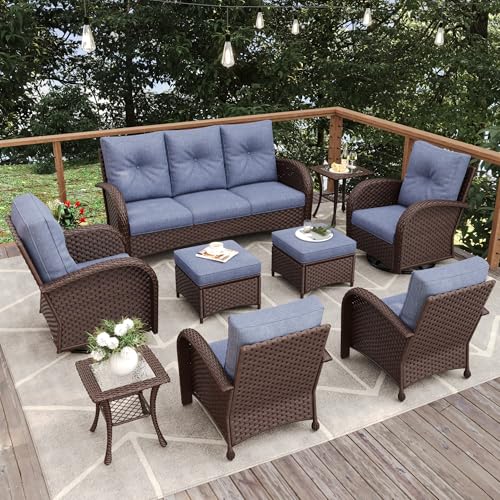 Vakollia 9-Piece Patio Furniture Set, Wicker Rattan High Back Outdoor Swivel Rocking Chairs with Couch, Ottomans, and Side Table Brown/Navy Blue