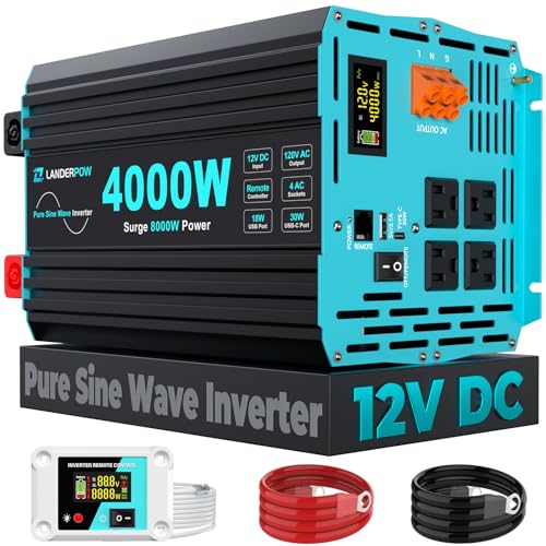 LANDERPOW 4000 Watt Inverter Pure Sine Wave 12V DC to 110/120V AC for Home