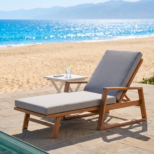 Christopher Knight Home Barde Patio Chaise Lounge Chair Outdoor with Water Repellent Cushion, Acacia Wood Poolside Sun Lounger with Armrests, 4-Position Adjustable Backrest Pool Lounger, Grey + Teak
