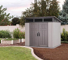 Lifetime 8.3 x 8.3 Ft Modern Outdoor Storage Shed with Clerestory Windows, Steel Reinforced, Lockable Doors, Adjustable Shelf and Wall Hooks, UV-Protected, Gray