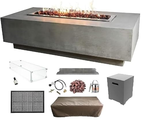 Elementi Granville Gas Fire Pit Bundle Concrete Fire Table, Outdoor Fire Pit Electronic Ignition | Canvas Cover, Lava Rock Included | Free AMS Wind Guard | Light Gray (Propane Gas)
