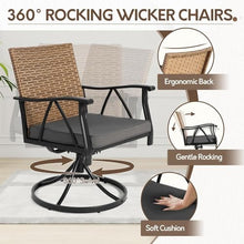 Andehomy 5-Piece Patio Dining Set for 4，Outdoor Dining Set with Wicker Swivel Patio Dining Chairs with Cushions & 1 Black Square Woodgrain Dining Table with 1.75”Market Umbrella Hole, Black & Brown