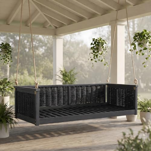 Merax Twin Size Porch Swing Bed, Acacia Wood Outdoor Hanging Daybed with Hemp Rope, Rattan Swing Bench for Patio, Backyard, Garden, Poolside,Black