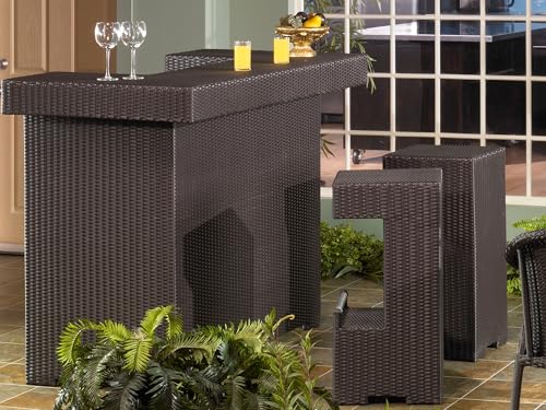 Hugo Outdoor Bar Height Table Set, Dark Brown Woven Wicker, Contemporary Patio Furniture