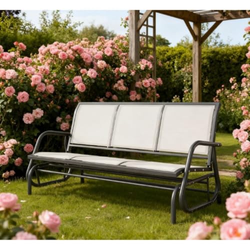Sturdy Patio Glider Bench w/Breathable Texteline Fabric Back & Seat for Garden, All Weather Outdoor 3 Seater Glider Chair w/Durable Powder Coated Metal Frame for Porch, Deck, Balcony (Cream White)