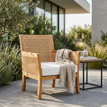Hives & Honey Salvador Cane Outdoor Lounge Chair with White Cushion, Grade-A Teak Wood Patio Armchair, Resin Wicker Accents, Quick-Dry Foam Cushion, Weather-Resistant Patio Seating