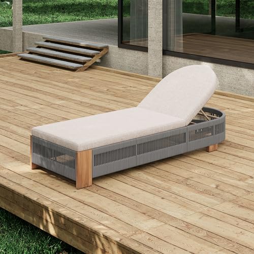AODSHA Outdoor Chaise Lounge Chair with Adjustable Backrest & Waterproof Cushion, Acacia Wood Pool Sun Lounger for Patio, Beach, Yard, Garden, Grey,Teak