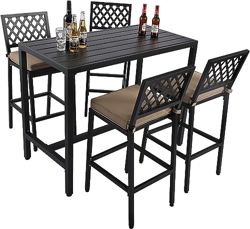 Sumshadow 5-Piece Outdoor Patio Bar Set, Bar Height Patio Dining Set, Weather-Resistant Bistro Counter Pub Set with Cushions & Slatted Tabletop for Backyard, Garden, Yard