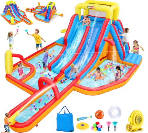 Whubefy 18x14FT Mega Inflatable Water Slide for Kids w/Extra Long Slide, 15-in-1 Wet or Dry Waterpark Bounce House - Dual Slide/2 Climbing Wall/Giant Splash Pool/Basketball Rim/Water Cannon/Blower