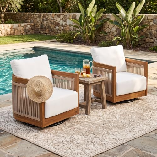 Christopher Knight Home Ayla Outdoor Acacia Wood Swivel Accent Chairs Set of 2, 360° Rotating Lounge Chair Outdoor with Cushions, Outdoor Swivel Chairs with Curved Tub Design, Natural + Beige