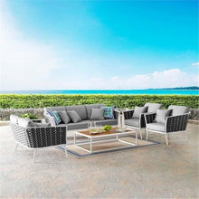 Afuera Living Outdoor Patio Chair Set, Powder-Coated Aluminum Frame, White and Gray Finish, All-Weather Cushions, Dense Foam Padding, Polyester Rope Back, Contemporary Style (Set of 2)