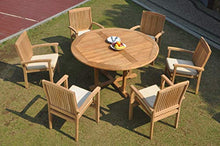 TeakStation 6 Seater Grade-A Teak Wood 7 Pc Dining Set: 60" Round Table and 6 Wave Stacking Arm Chairs #TSDSWV23