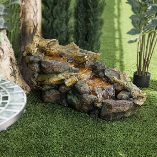 Alpine Corporation TZL296 41" Long Indoor/Outdoor River Rock and Log Fountain with LED Lights – Outdoor Water Feature for Garden, Patio, and Home Décor, Brown