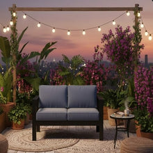 Seeheool 50" All-Weather Aluminum Patio Loveseat with Thick Blue Cushions & Black Frame