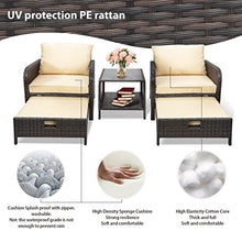 LEVELEVE Balcony Furniture 5 Piece Patio Conversation Set, PE Wicker Rattan Outdoor Lounge Chairs with Soft Cushions 2 Ottoman&Glass Table for Porch, Lawn-Brown Wicker