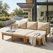 Merax Outdoor Daybed, Acacia Wood 3-Seat Patio Sofa Bed with Waterproof Cushions and Rope Woven Arms, Convertible Sleeper Couch with Pull-Out Function for Poolside, Backyard, Garden