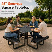 46" Square Outdoor Picnic Table with Slotted Steel Tabletop & Benches, Carbon Steel Construction, 80" Overall Length, Durable & Easy to Clean, Ideal for Backyard, Patio, Family Barbecues, Black