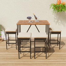 LMAOSS 5 Piece Outdoor Bar Set, Acacia Wood Patio Bar Table with 4 Wicker Stools & Removable Cushions, Folding Space-Saving Dining Set with Adjustable Feet, Outdoor Dining Bistro Set for Backyard Gard