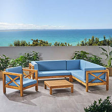 GDFStudio Outdoor 6 Seater Acacia Wood Sectional Sofa and Club Chair Set, Teak Finish & Blue