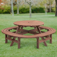 AMZXPLORE Round Picnic Table, 10-12 Person Wooden Outdoor Picnic Table with Built-in Ring Bench and 1.97" Umbrella Hole for Patio Backyard Garden, Brown