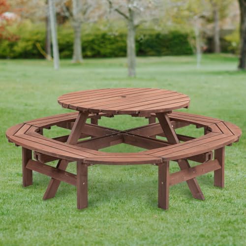 AMZXPLORE Round Picnic Table, 10-12 Person Wooden Outdoor Picnic Table with Built-in Ring Bench and 1.97" Umbrella Hole for Patio Backyard Garden, Brown