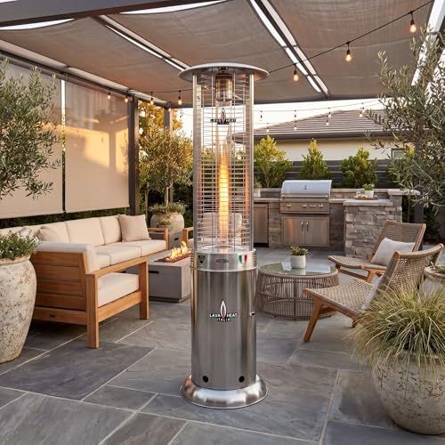 The Opus Lite 80-Inch Round Patio Heater by Lava Heat Italia, Natural Gas Italian-Designed Residential Outdoor Heater in Stainless Steel with Overhead Reflector Hood for Patios, Decks, and Terraces