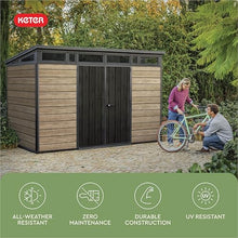 Keter Signature Collection 11x7 Ft All-Weather Storage Shed with Skylight, Window, Built-in Ventilation, & Lockable Double Doors, Pine