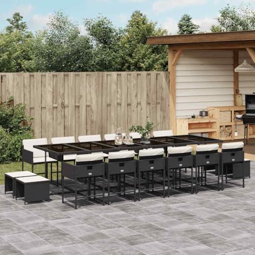 KGCRYUWED 17-Piece Outdoor Dining Set for 16, Black PE Rattan Garden Table with Cushioned Chairs and Stools, Weather-Resistant Patio Furniture for Backyard Gatherings