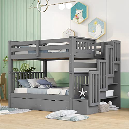 Harper & Bright Designs Full Over Full Bunk Beds with Stairs and Storage Drawers Grey