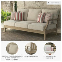 BOWERY HILL Outdoor Patio Eucalyptus Wood Sofa, Beige Finish, 81" Wide, Polyester Cushions with Nuvella Fabric, All-Weather Foam, 4 Throw Pillows, Durable Outdoor Furniture for Garden or Deck
