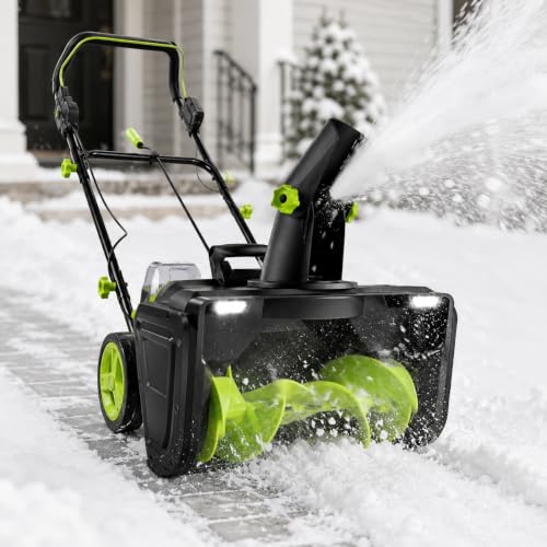 Upgraded Snow Blower, Cordless Electric Snow Thrower with LEDs 4Batt