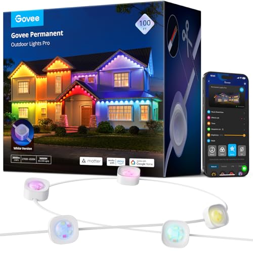 Govee Permanent Outdoor Lights Pro, 100ft with 60 RGBIC LED Lights for Daily and Accent Lighting, 75 Scene Modes for Outdoor Decor, IP67 Waterproof, Works with Alexa, Google Assistant, Matter, White
