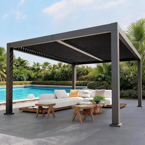 Louvered Pergola12x16FT Louvered Pergola, All-Aluminum Adjustable Roof, Reinforced Frame, Integrated Drainage, Weather Resistant Outdoor Gazebo for Patio, Deck, Backyard, Garden - Grey