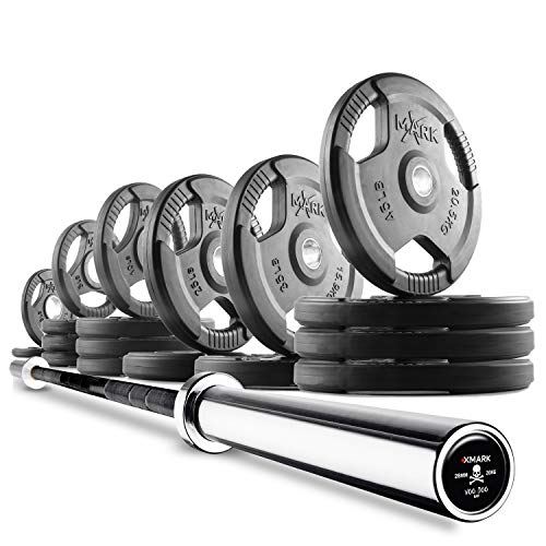 XMark Combo Offer 365 lb Set of Premium Quality Rubber Coated TRI-GRIP Olympic Weight Plates XM-3377 with 7 ft Deadlift VOODOO Commercial Olympic Bar 15) BAR and 365 lb Set