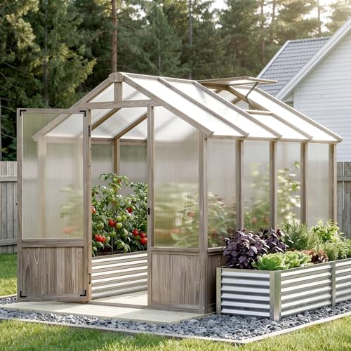 Yardoorife 6x8 FT Greenhouse for Outdoors Cedar Wood Green House with 6MM Polycarbonate Panel & Adjustable Vent Walk in Greenhouses Kit for Outdoor,Backyard,Garden
