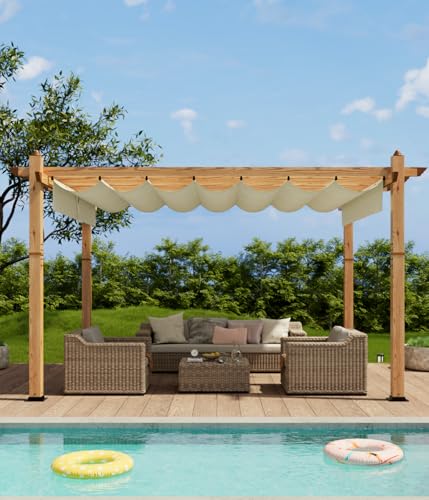 10' X 13' Aluminum Pergola Faux Wood Outdoor Pergola with Retractable Canopy Metal Pergolas Shelter for Backyard, Deck, Patio, Garden Porch Beach Sun Shade Pavilion Grape Trellis Grill, Beige