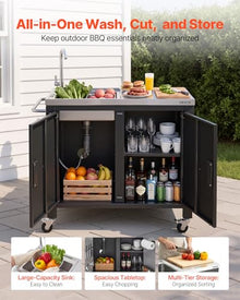 VEVOR Outdoor Grill Cart with Sink and Storage Cabinet, 38 Inch Grill Table, Waterproof Kitchen Island with Stainless Steel Top, Spice Rack, Wheel, Movable Food Prep Station for Patio Bar Backyard BBQ