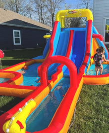 Whubefy 19.3x14Ft Large Inflatable Water Slide for Kids Backyard, 16-in-1 Dual Lane Waterslides Park Bounce House with Surfing Slide, 3 Pools, 2 Climb Walls, 15pcs Toys, 620W Blower, Hold for 8 Kids
