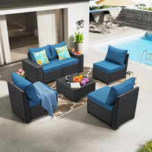 HTERWQEA 6-Piece Outdoor Patio Furniture Set, All-Weather PE Rattan Sofa with Glass Coffee Table, Garden Conversation Set for Patio or Backyard