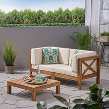 Great Deal Furniture Outdoor Sectional Loveseat Set with Coffee Table 2-Seater Acacia Wood Water-Resistant Cushions Teak Finish + Beige