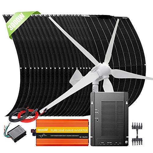 3000W 48V Solar Wind Hybrid System with 3000W Power Inverter: 20pcs 100W Flexible Solar Panel (Honeycomb Surface) + 1000W Wind Turbine Generator + 40A MPPT Charge Controller + Cables