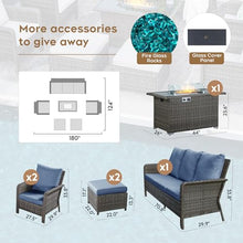 Yechen Patio Conversation Set with 44" Propane Fire Pit Table - 6 Pcs Blue Wicker Outdoor Furniture