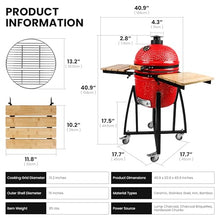 London Sunshine 15-inch Ceramic Kamado Charcoal BBQ Grill & Smoker with Locking Casters, Foldable Side Shelves, Stainless Steel Grates, and Tall Stand (Red)