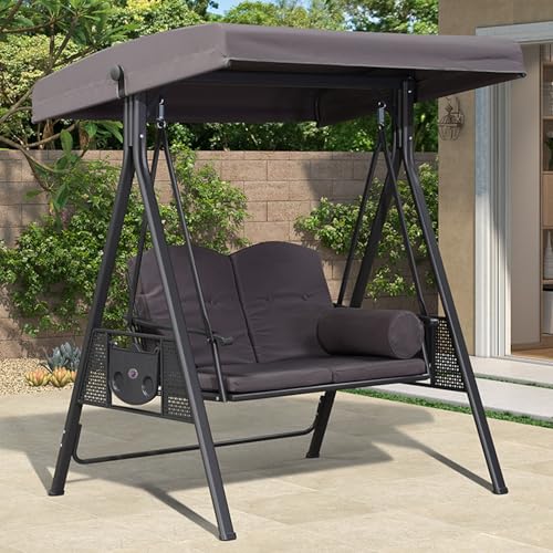 2-Seat Outdoor Porch Swing with Alloy Steel Frame, Patio Swing Chair with Adjustable Canopy & Side Storage Trays, A-Frame Structure, for Backyard Lawn Garden Park(Gray)