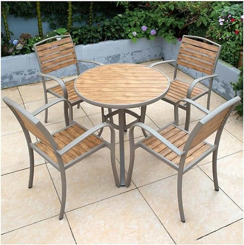 JOMRTS Patio Dining Set Outdoor Round Table and 4 Chairs Set, Waterproof Rust-Proof Sunscreen Aluminum Frame Plastic Wood Table Top Patio Table and Chairs