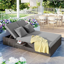SRECELL Outdoor Double Sunbed, 2-Person Wicker Rattan Patio Daybed with Adjustable Backrest & Seat, Cushioned Reclining Chaise Lounge with Cup Trays for Backyard, Garden, Poolside,(Brown + Gray)