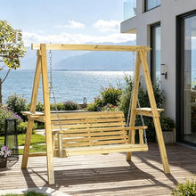 2-Seat Outdoor Fir Wood Patio Swing, A-Frame Structure with Side Tables & Metal Chains, Ergonomic Design, Adjustable Metal Chains for Custom Swing Angle & Height, 726 lbs Capacity, Perfect for