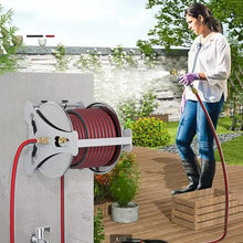 FENOKD Stainless Steel Wall Mounted Hose Reel - Garden Hose Holder with Storage Shelf for Efficient Hosepipe Nization,Red-20m