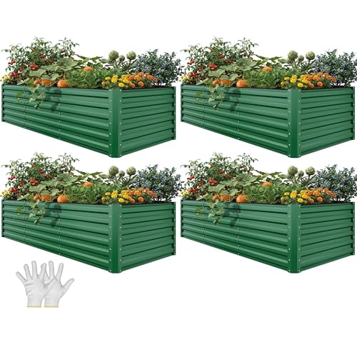 YITAHOME 4pcs 8x4x2 ft Galvanized Raised Garden Bed Kit, Large Metal Planter Box with Gloves, Safety Rubber & Support Rod, Outdoor Flower Bed for Plants Vegetables, Green