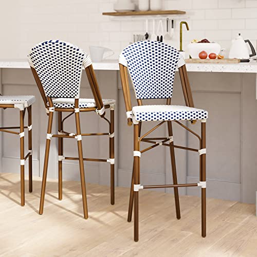 EMMA + OLIVER Navy/White PE Rattan Bistro Bar Stool, 2-Pack